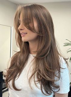 Long Hair Soft Layers Curtain Bangs, Box Layers With Face Framing, Long U Shaped Layers, Hair For Fall 2024, Wispy Layers Long Hair, Three Layer Haircut, Subtle Curtain Bangs Long Hair, Haircut Front Layers Face Framing, 2025 Hair Color