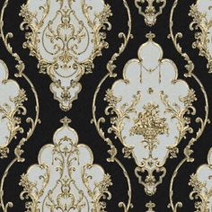 an ornate black and gold wallpaper with white trimmings on the edges is shown