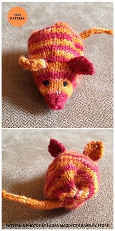 two pictures of a knitted mouse on the floor, one in pink and orange