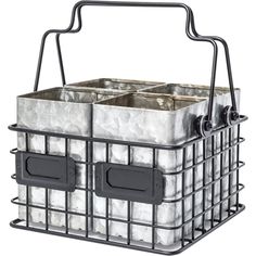 a large metal basket with two compartments on the front and one is holding an ice bucket