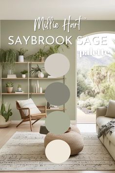 a living room filled with furniture and lots of greenery in shades of gray, white, and beige