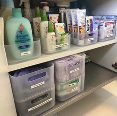 the shelves are filled with different types of hygiene products