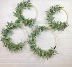 three hoop wreaths with green leaves hanging on a white brick wall