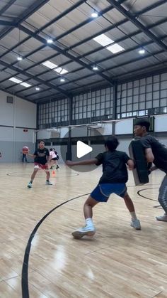 children playing basketball in an indoor gym with hard wood flooring and large windows on the ceiling