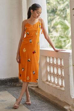 Shop for Betrue Orange Sequin Embroidered Dress for Women Online at Aza Fashions Sequin Embroidery, Embroidery Motifs, Sequins Embroidery, Tie Knots, Orange Dress, Dress For Women, Embroidered Dress, Aza Fashion, Sequin Dress