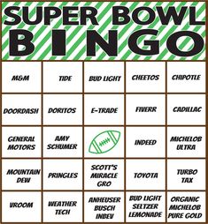 a super bowl game board with the words super bowl bingo written in black and green