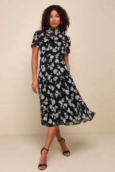 Black Floral Print Dress - Black Midi Dress - Short Sleeve Dress - Lulus Black Knee-length Floral Dress For Garden Party, Elegant Black Floral Dress For Spring, Black Floral Maxi Dress For Garden Party, Fitted Black Floral Maxi Dress, Elegant Black Floral Maxi Dress, High Neck Midi Dress For Spring Evening, Spring Evening Midi Dress With High Neck, Elegant Flowy Floral Dress With Short Sleeves, Elegant Flowy Short Sleeve Floral Dress