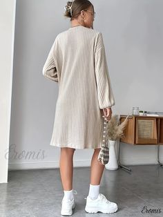 Eromis - Womens Solid Open Front Cardigan - Long-Sleeved, Mid-Length and Loose Fit - For a Casual Chic Look Long Sleeve Loungewear Cardigan, Ribbed Long Sleeve Relaxed Fit Outerwear, Relaxed Fit Long Sleeve Ribbed Outerwear, Relaxed Fit Long Sleeve Cardigan For Daywear, Solid Long Sleeve Sweater For Daywear, Beige Long Sleeve Cardigan For Loungewear, Beige Crew Neck Cardigan For Loungewear, Beige Long Sleeve Relaxed Fit Cardigan, Beige Relaxed Fit Long Sleeve Cardigan