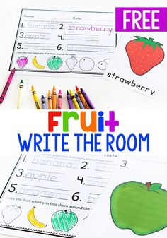 two pictures with the words fruit write the room on them