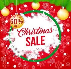 christmas sale banner with ornaments and snowflakes on red background - free vector illustration