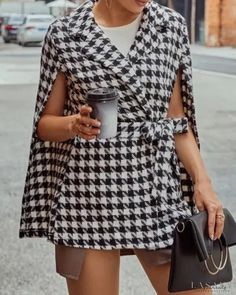 Lasaky - Houndstooth Cape Sleeve Belted Coat Mantel Cape, Daily Street Style, Asymmetrical Coat, Gucci Coat, Houndstooth Jacket, Chic Type, Black Houndstooth, Mode Casual, Extra Long Sleeves