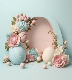 an easter egg surrounded by flowers and eggs on a blue background royalty images for photoshopping