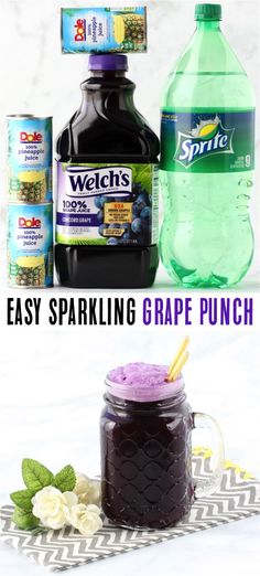 the ingredients to make this grape punch recipe are shown in three different pictures, including one bottle