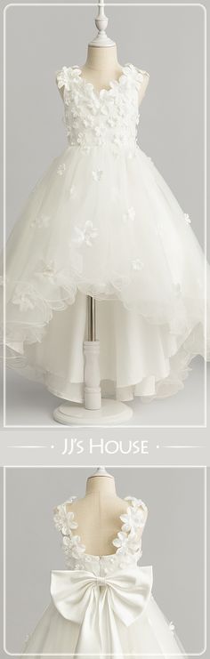 A beautiful asymmetrical flower girl dress embellished with fresh flowers: suitable for a delightful outdoor wedding! Click on the picture to explore more colors! #JJsHouse #JJsHouseOfficial #FlowerGirl #FlowerGirlDress #Cute #Ivory #IvoryDress #PrincessDress #Asymmetrical #Tulle #Sleeveless #Vneckline #Beading #Flowers #Bow Beading Flowers, Tulle Flower Girl Dress, Ball Gowns Princess, Tulle Flower Girl, Flower Girl Dresses Tulle, Ivory Dresses, Flower Girl Dress, Girl Dresses, Girl Top