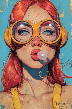 a painting of a woman wearing goggles and blowing bubbles