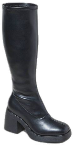 Wide Calf Synthetic Knee-high Boots With Reinforced Heel, Black Tall Wide Calf Platform Boots, Black Tall Platform Boots With Wide Calf, Formal Synthetic Knee-high Boots, Black Fitted Tall Heeled Boots, Formal Medium Width Synthetic Knee-high Boots, Formal Knee-high Polyurethane Boots, Black Tall Boots With Stacked Heel, Wide Calf High Heel Knee-high Boots