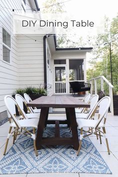 an outdoor dining table with chairs around it and the words diy dining table above it