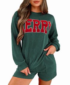 PRICES MAY VARY. Material: Women’s Christmas pajama set is crafted from a soft and cozy blend of 75% Polyester, 20% Viscose, and 5% Elastane, featuring luxurious ribbed fabric. The combination ensures warmth, stretch, and durability, making it perfect for festive nights at home or holiday gatherings. Embrace comfort and style this season Pajama Top: Christmas lounge set features a long-sleeve sweatshirt top adorned with cheerful "Merry" lettering, capturing the festive spirit beautifully. Made f Christmas Pajama Shorts, Ribbed Lounge Set, Round Neck Long Sleeve Top, Long Sleeve And Shorts, Short Pajama Set, Lounge Set, Pajama Shorts, Shorts Set