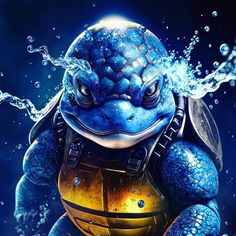 a painting of a blue and yellow turtle with water splashing on it's face