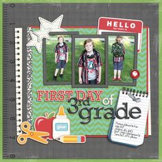 a scrapbook page with two pictures of children in school uniforms and the words, first day of grade