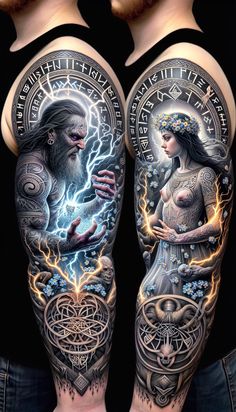 two men with tattoos on their arms, one has an image of a woman and the other