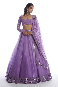 Buy Purple Silk Organza Square Neck Bridal Lehenga Set For Women by Vvani by Vani Vats Online at Aza Fashions. Lavender Lehenga, Kali Lehenga, Purple Lehenga, Vani Vats, Mirror Work Lehenga, Full Sleeve Blouse, Organza Lehenga, Mirror Work Blouse, Indian Outfits Lehenga