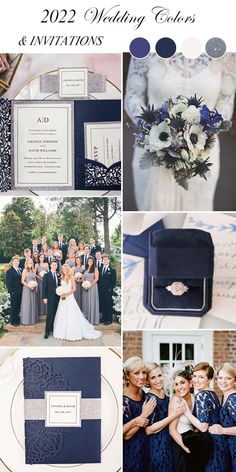 a collage of photos with blue and white wedding color palettes, including the bride's bouquet