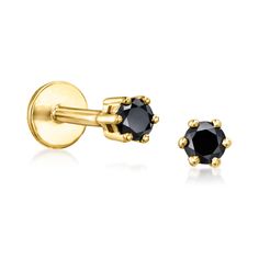 Ross-Simons - .10 ct. t. w. Black Diamond Flat-Back Stud Earrings in 14kt Yellow Gold. RS Pure. Modern designs that complete your outfit and complement your personality. Our dainty .10 ct. t. w. round brilliant-cut black diamond stud earrings are a bold addition to your favorite ear stack. Crafted in 14kt yellow gold, this simple pushpin style features a flat back that won't poke or jab while you're taking a quick nap or getting a full night of beauty sleep. Insert the backing first into a pierc Black Diamond Cut Earrings For Formal Occasions, Formal Black Diamond Cut Earrings, Classic Black Diamond-cut Earrings, Classic Black Diamond Cut Earrings, Elegant 14k Gold Piercings For Formal Occasions, Formal Round Cut Screw Back Earrings, Elegant 14k Gold Piercings, White Gold Classic Piercings For Formal Occasions, Formal Round Cut Jewelry With Screw Back