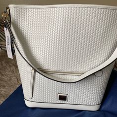 Nwt White Woven Dooney And Bourke Bag Classic White Bucket Bag With Leather Handles, Luxury White Bucket Bag For Errands, Classic White Bucket Bag, Classic White Bucket Bag For Errands, White Bucket Bag With Handle Drop For Shopping, Formal White Bucket Bag With Handles, Formal White Bucket Bag, Formal White Double Handle Bucket Bag, Classic White Bucket Shoulder Bag