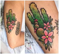 two pictures of different tattoos with flowers and cacti on them