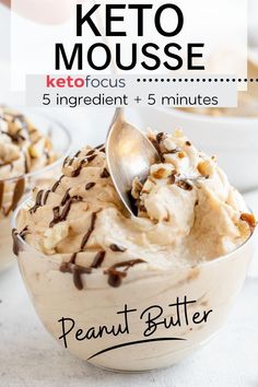 a scoop of keto mousse in a bowl with chocolate sprinkles