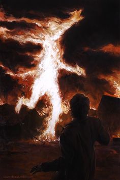 a painting of a man sitting in front of a cross with flames coming out of it