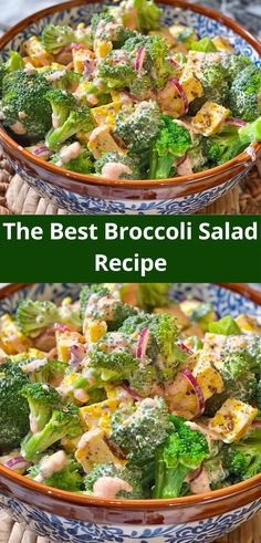 two bowls filled with broccoli salad on top of a table