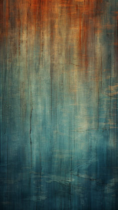 an abstract painting with blue and orange colors on the side of a wooden paneled wall