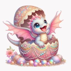 a cute little dragon sitting in an egg with pearls on it's back and wings