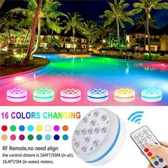 the remote control is next to an image of a pool with lights and palm trees