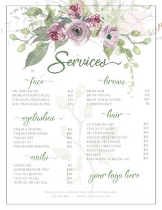 Customizable template to highlight your business and services Spa Menu Ideas, Esthetician Menu Price List, Spa Menu Design, Boho Spa, Eyelash Room, Spa Aesthetic, Branding Mood Board Inspiration