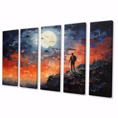 three pieces of artwork depicting a man standing on a hill with a full moon in the background