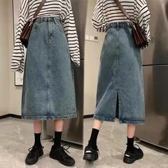 Lasaky - High-Waisted Denim Skirt with Side Slit, Midi Length, Hip-Hugging Pencil Skirt Black Denim Midi Skirt, High Waisted Denim Skirt, Midi Denim, Y2k Aesthetic Outfits, Denim Midi Skirt, Mode Inspiration, Types Of Skirts, High Waisted Denim, Outfits Casuales