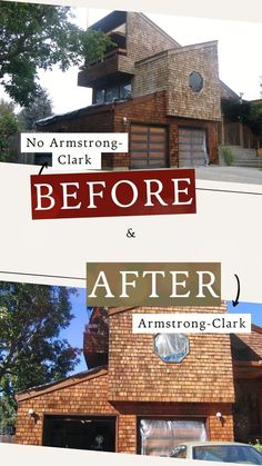 before and after photos of an old brick building with the words, no armstrong clark