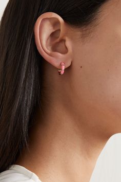 A love of nature informs so many of L'Atelier Nawbar's designs - these earrings are inlaid with pink enamel to mimic the look of bamboo. Handmade from 18-karat gold, they have an angular hoop silhouette and a dusting of diamonds. Love Of Nature, Gold Diamond Hoop Earrings, Pink Enamel, Earrings In Gold, Diamond Hoop Earrings, Gold Enamel, A Love, Ear Piercings, Luxury Design