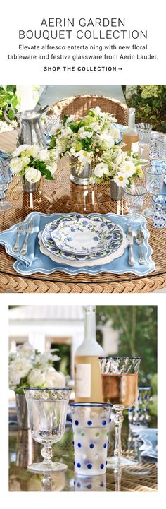 an image of a table setting with blue and white dishes