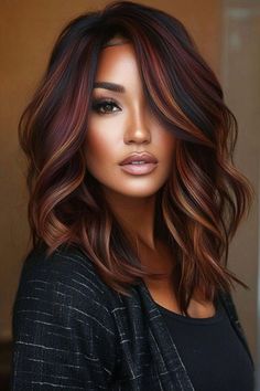 Welcome to our ultimate guide to seasonal hair inspo! As the seasons change, so do our styles and hair trends. Whether you're looking to ... Chocolate And Burgundy Hair, Chocolate With Red Highlights, Brown Hair With Chunky Red Highlights, Christmas Hair Color Ideas For Brunettes, Hair Color Burgundy Highlights, Winter Hair Color Red, Hair Color For Medium Length Hair, Winter Color Hair Ideas, Haircut Styles For Medium Length Hair