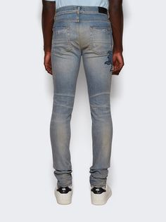 "Find AMIRI Ma Varsity Repair Jeans on Editorialist. Care according to label100% Cotton Model is 6'1\"/185cm and is wearing a size US33Skinny leg Distressed detailing Five-pocket design Zip fly , button fastening Topstitching" Designer Fitted Jeans, Designer Fitted Bottoms For Streetwear, Repair Jeans, Black Jeans Men, Latest Jeans, Care Care, Indigo Colour, Pocket Jeans, Pocket Design