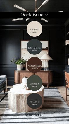 a living room with black walls and furniture