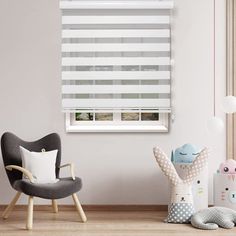 a child's room with white blinds and toys