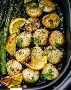 chicken, asparagus and lemons are cooked in the slow cooker for dinner