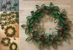 several pictures of how to make a christmas wreath