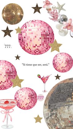 pink and gold disco balls, cocktail glasses, stars and confetti on a white background