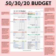 the 50 / 30 budget worksheet is shown in pink